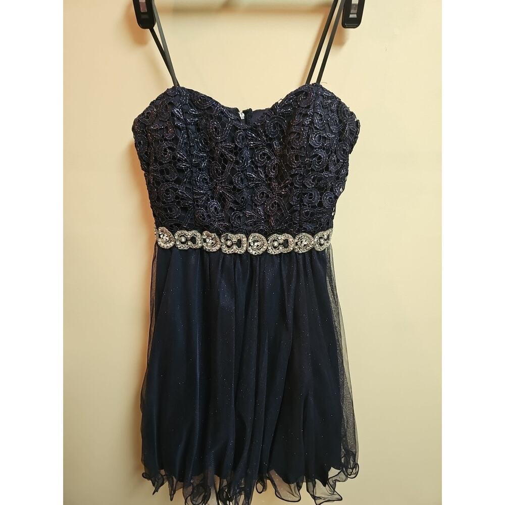 City Studio Navy Blue And Silver Babydoll Strapless Dress Sweetheart Neck Size 9